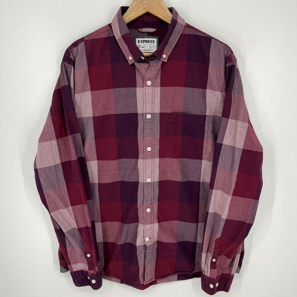 Express Slim Soft Wash Mens XL Plaid Button Down Shirt Burgundy Purple Pocket‎